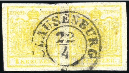 Stamp of Hungary 1Kr Yellow pair with central CLAUSENBURG 22/4 cds,