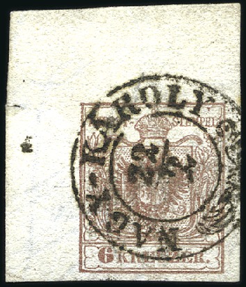 Stamp of Hungary 6Kr braun Handpapier Type III als Oberes Randstück