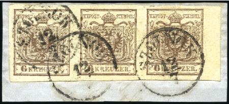 Stamp of Hungary 6Kr Dark brown in sheet marginal strip of three ti