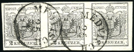 Stamp of Hungary 2Kr Black horizontal strip of three cancelled by t