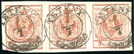 Stamp of Hungary 3Kr Dark red strip of three, cancelled by TÉTÉNY 1
