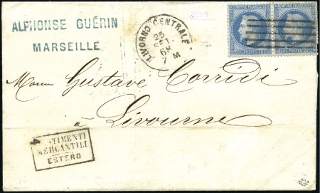Stamp of France Rare barre de Livourne sur paire de 20c Lauré sur 
