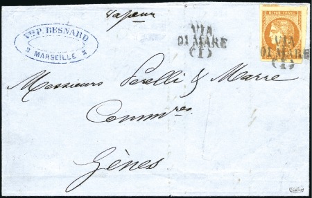 Stamp of France 1870 40c Bordeaux obl. VIA DI MARE (I) sur lettre 