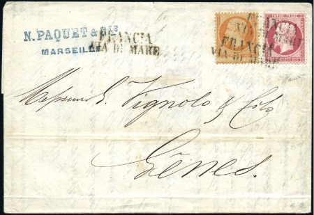 Stamp of France Rare TRIPLE PORT sur lettre de Marseilel 1867 pour
