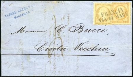 Stamp of France 1862 10c +40c Empire dent. obl. FRANCIA VIA DI MAR