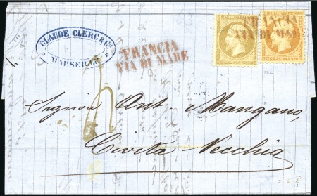 Stamp of France 1862 10c +40c Empire dent. obl. FRANCIA VIA DI MAR