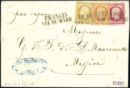Stamp of France 10c +40c +80c Empire dent. obl. FRANCIA VIA DI MAR