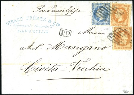 Stamp of France 20c +40c (x2) Lauré obl. grille de Civita Vecchia 
