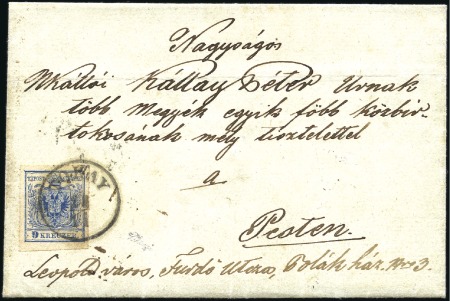 Stamp of Hungary TOKAY ROULETTE
9Kr Blue, rouletted 14, tied by TO