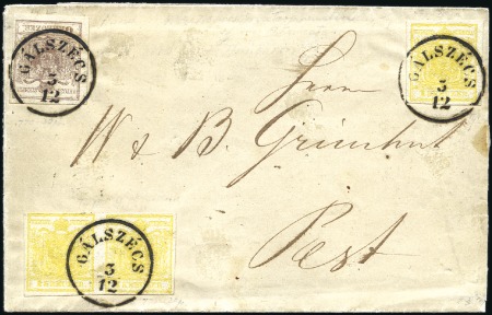 Stamp of Hungary 6Kr braun Handpapier Type III + 1Kr gelb Handpapie