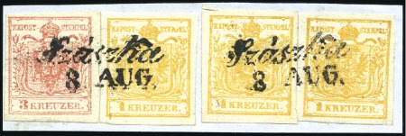 Stamp of Hungary 3Kr rot Handpapier Type IIIa und drei mal 1Kr oran