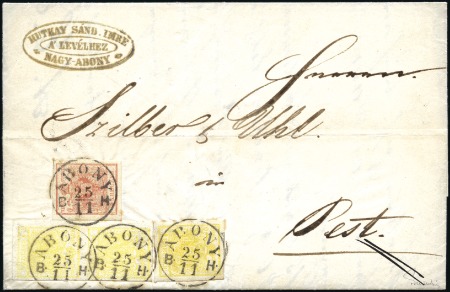 Stamp of Hungary 3Kr rot Maschinenpapier Type IIIb + 1Kr zitronenge