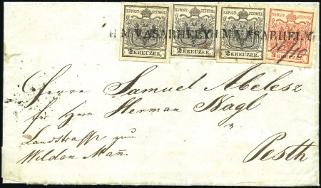 Stamp of Hungary 2Kr schwarz (3) und 3Kr rot Handpapier Type Ia ent