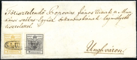 Stamp of Hungary 2Kr schwarz und 1Kr gelb Handpapier Type I entwert