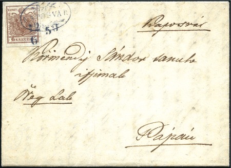 Stamp of Hungary 6Kr braun Handpapier Type Ia entwertet mit blauem 