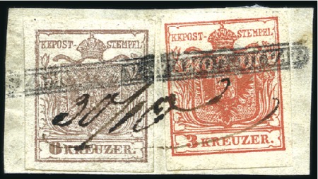 Stamp of Hungary 6Kr braun und 3Kr rot Handpapier Type Ia entwertet