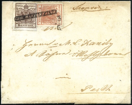 Stamp of Hungary 6Kr braun und 3Kr rot Handpapier Type I entwertet 