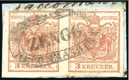 Stamp of Hungary 3Kr Red horizontal pair tied by ZENGG-RECOMMNADIER