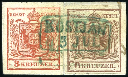 Stamp of Hungary 3Kr rot und 6Kr braun Handpapier Type I entwertet 