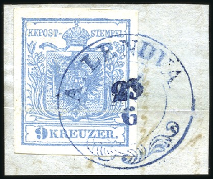 Stamp of Hungary 9Kr blau Handpapier Type I entwertet mit blauem Do
