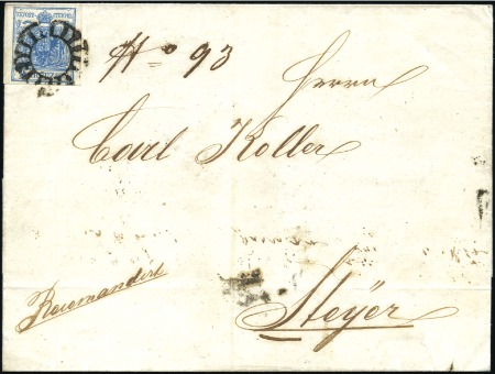 Stamp of Hungary 1850 9Kr Blue machine paper type IIIb tied by FRAM