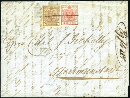 Stamp of Hungary 6Kr brau und 3Kr rot, Handpapier, Type Ia, entwert