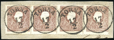 Stamp of Hungary 10kr braun Type II, Viererstreifen sauber entwerte