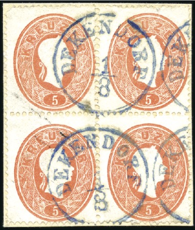 Stamp of Hungary 5Kr rot VIERERBLOCK entwertet mit BLAUEM Einkreis 