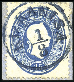Stamp of Hungary 15Kr blau entwertet mit BLAUEM Einkreis KL.KANISA 