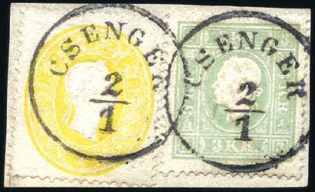 Stamp of Hungary 2Kr yellow and 1858 3Kr Green, type II tied by CSE