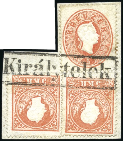 Stamp of Hungary 5Kr rot zusammen mit zwei 1858 5Kr rot Type II ent