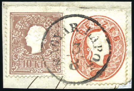 Stamp of Hungary 5Kr red and 1858 10Kr Brown tied by MAGYAR LÁPOS 3