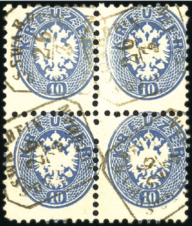 Stamp of Hungary 1863-64 10Kr Blue, perf. 9 1/2, block of four canc
