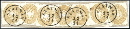 Stamp of Hungary 1863 15Kr Brown, perf. 14, seven singles tied by S