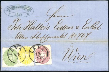 Stamp of Hungary 1863 5Kr Red, 3Kr green and 2Kr yellow tied by LEV