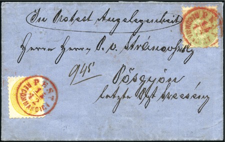 Stamp of Hungary 1863-64 3Kr grün, 2Kr gelb, 10Kr blau (auf Rücksei