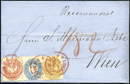 Stamp of Hungary 1863-64 15Kr braun, 10Kr blau (2, 1X auf Rückseite