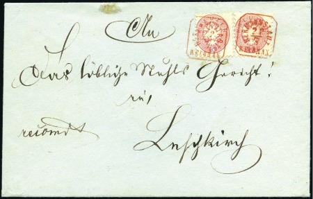 Stamp of Hungary 1863-64 5Kr rot (2) 10Kr blau (auf Rückseite), wei