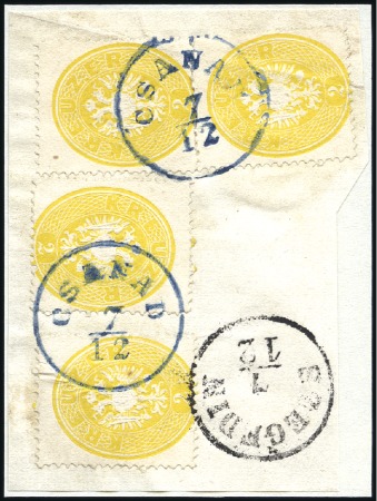 Stamp of Hungary 1863 2Kr gelb eng gezähnt, vier Stücke entwertet m
