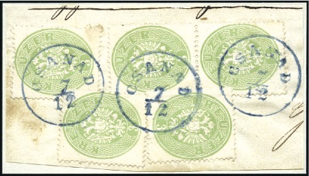 Stamp of Hungary 1863 3Kr grün eng gezähnt, fünf Stücke entwertet m
