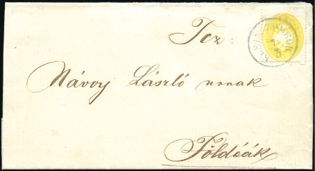 Stamp of Hungary 1863 2Kr gelb eng gezähnt, entwertet mit blauem Ei