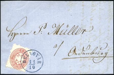 Stamp of Hungary 1863-64 5Kr rot weit gezähnt, entwertet mit blauem