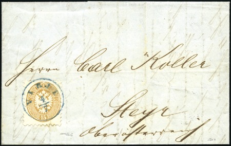Stamp of Hungary 1863-64 15Kr braun weit gezähnt, entwertet mit bla