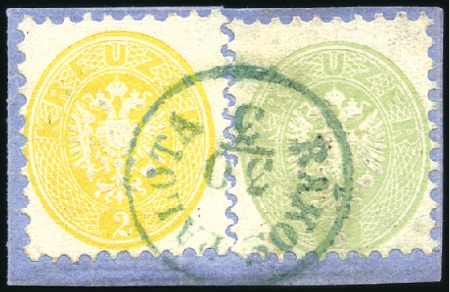 Stamp of Hungary 1863-64 3Kr grün und 2Kr gelb weit gezähnt, entwer