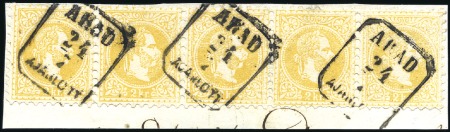 Stamp of Hungary 1867 ISSUE

2Kr Yellow in strip of FIVE tied by 
