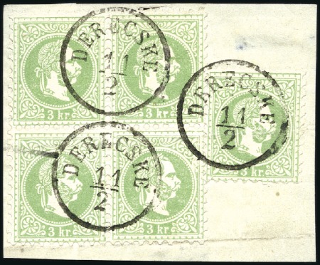 Stamp of Hungary 3Kr Green in block of four and single tied by DERE