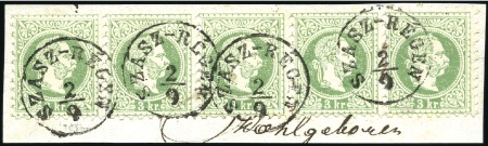 Stamp of Hungary 3Kr Green strip of five tied by SZÁSZ-RÉGEN 2/9 cd