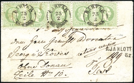 Stamp of Hungary 3Kr grün in waagrechten Dreierstreifen und Paar au
