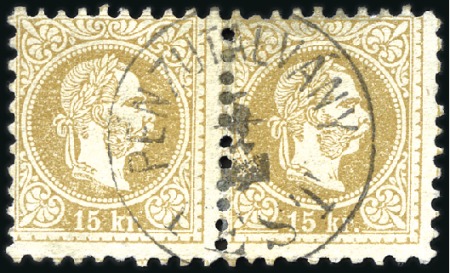 Stamp of Hungary 15Kr Light brown pair with central cancel PEST / P