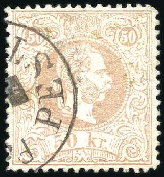 Stamp of Hungary 50Kr rosalila entwertet mit grossem Rundstempel PE